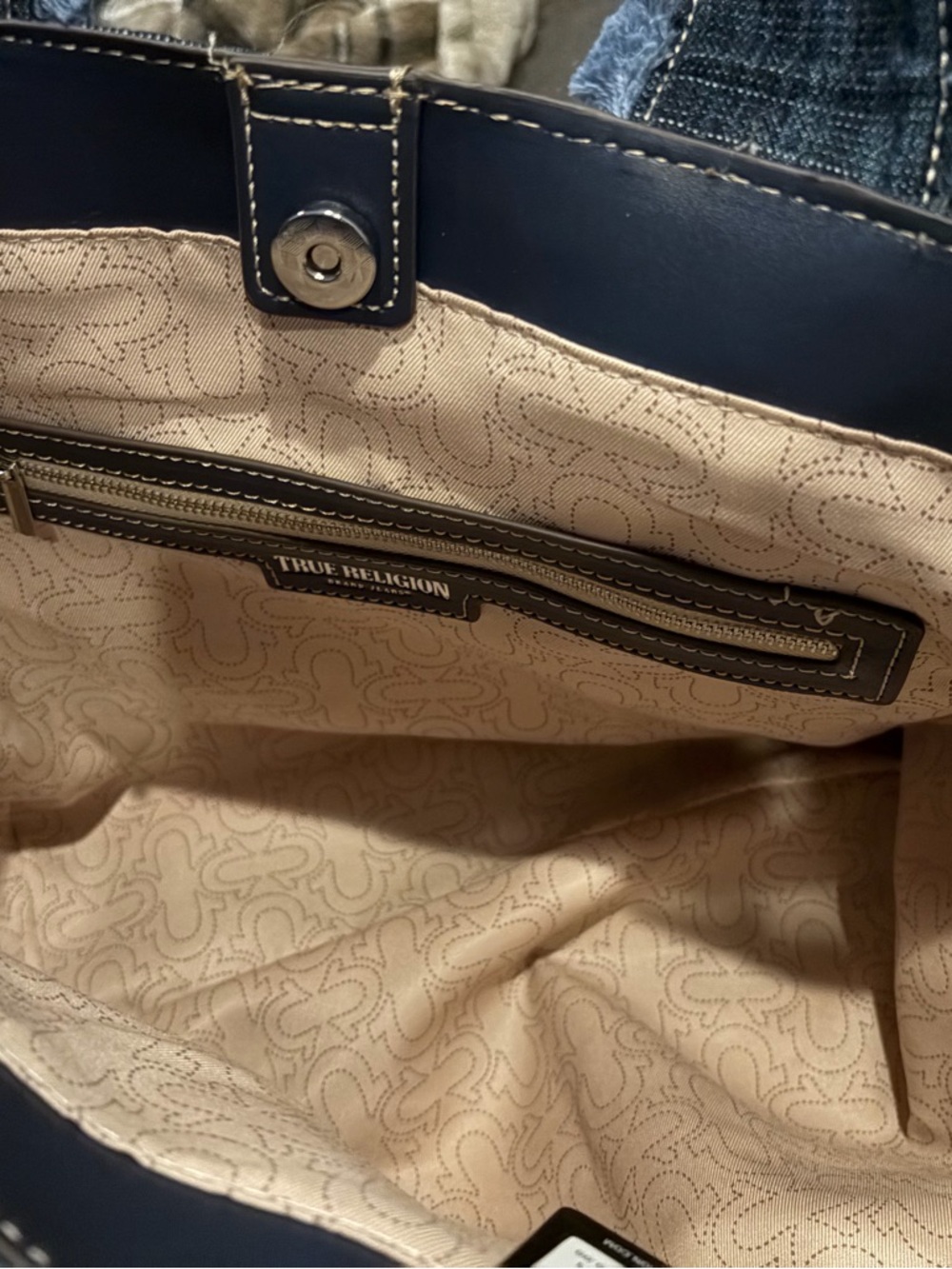 True Religion Dark Denim Tote Bag with Shearling Trim - Picture 8 of 10